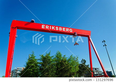 Eriksberg area on Hisingen in Gothenburg, former shipyard with big gantry crane near Alvsborg bridge, Sweden, sunny summer day 131297696