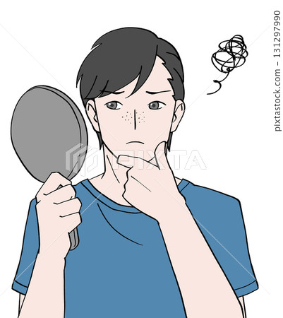 一名男子照鏡子,擔心自己的毛孔和雀斑 一名男子照鏡子,擔心自己的毛孔和雀斑 131297990