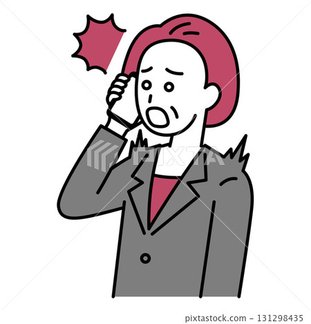 一位身穿西裝的中年女子驚訝地接到了智慧型手機上的來電 131298435