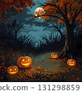 Colorful black background and lots of orange pumpkins and glitter 131298859