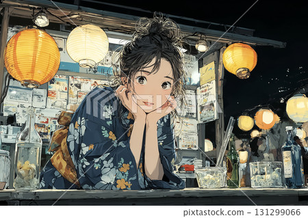 Miyu Series: A girl in a yukata munches on shaved ice at a food stall 131299066
