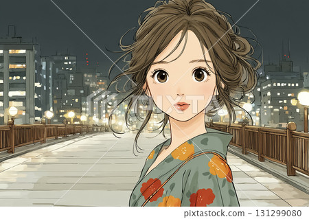 Miyu系列：Miyu穿著花浴衣，走在燈火通明的橋上，感受著城市的夜風。 131299080
