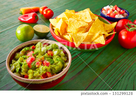 Mexican food nachos guacamole pico gallo chili 131299128