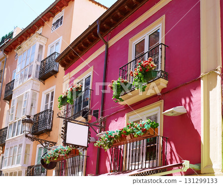 Burgos downtown colorful facades in Castilla Spain Burgos downtown colorful facades in Castilla Spain 131299133