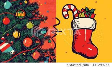 Christmas card made with Christmas presents and Christmas tree ornaments 131299233