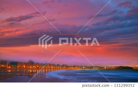 Gijon skyline sunset in San Lorenzo beach Asturias 131299352