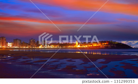 Gijon skyline sunset in San Lorenzo beach Asturias 131299353