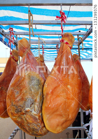 dried salted pork ham from Spain hanged dried salted pork ham from Spain hanged 131299376