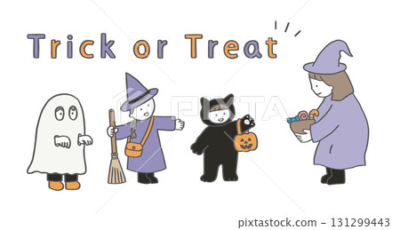 Trick or treat! Children in costumes coming to get candy Witch/black cat/ghost/monster/candy 131299443