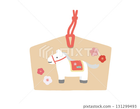 New Year's card material / Simple illustration of a votive plaque for the Year of the Horse / Cute illustration of a votive plaque with a horse illustration 131299493