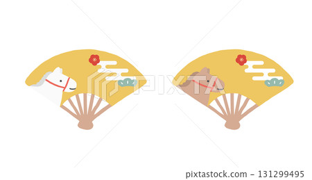New Year's card material set / Simple fan illustration for the Year of the Horse / Golden fan with Japanese pattern 131299495