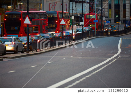 London financial district traffic at sunset 131299610
