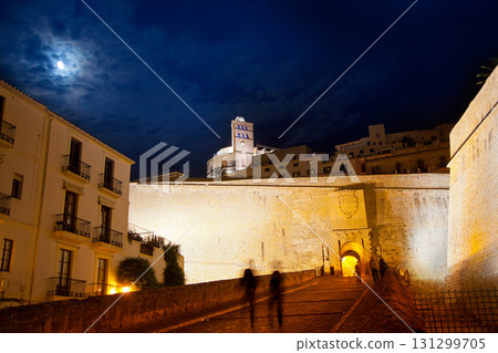 Eivissa Ibiza town with night moon castle entrance Eivissa Ibiza town with night moon castle entrance 131299705