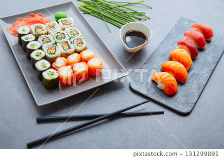 Sushi Maki and Niguiri soy sauce and wasabi 131299891