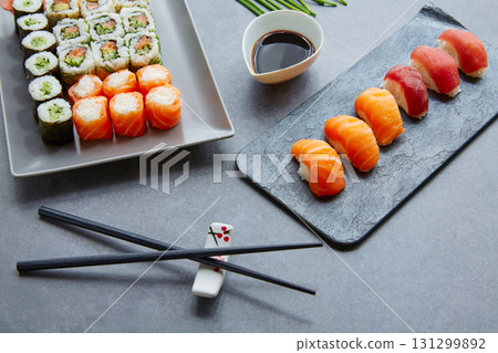 Sushi Maki and Niguiri soy sauce and wasabi 131299892