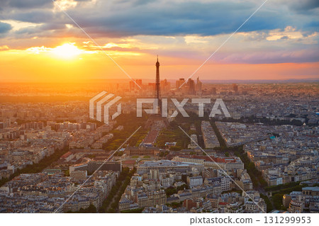 Eiffel Tower in Paris aerial sunset France 131299953