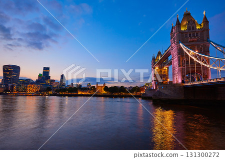 London Tower Bridge sunset on Thames river 131300272