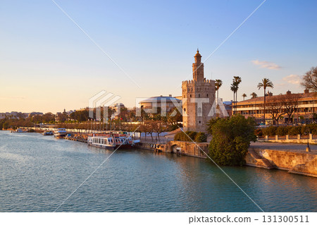 Seville sunset skyline torre del Oro in Sevilla Seville sunset skyline torre del Oro in Sevilla 131300511