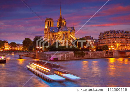 Notre Dame cathedral Paris sunset at Seine 131300536
