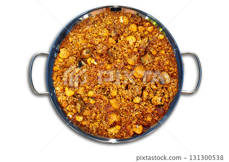 Cauliflower and pork ribs Paella on white Cauliflower and pork ribs Paella on white 131300538