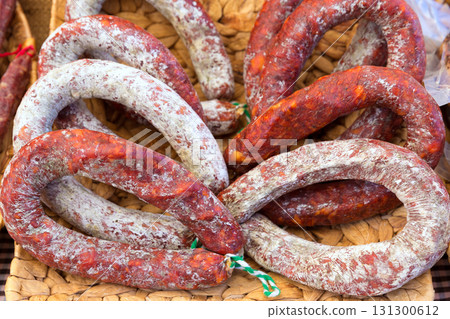 Chorizo sausage traditional pork meat food Spain Chorizo sausage traditional pork meat food Spain 131300612