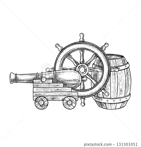 An old cannon, a ship s wheel, and a barrel. Black and white graphics, hand-drawn vector illustrations. For children s games and celebrations. For stickers, posters and banners, packaging, and more. 131301051