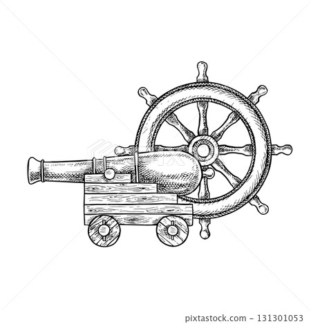 An old cannon and a ship s wheel. Black and white graphics, vector illustration. Hand-drawn. A ship s cannon on a wooden carriage, from the medieval era. For decorating children s games, celebrations. 131301053