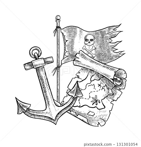 Pirate flag, anchor, and treasure map. Black and white graphics, hand-drawn vector illustrations. For children s games and celebrations. For stickers, cards, posters and banners, packaging, and more. 131301054