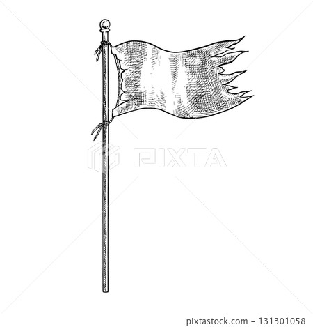 An old torn flag on a pole. Black and white graphics, vector illustrations. Hand-drawn illustrations. Design elements for games, stickers, posters, banners, packaging, and more. 131301058