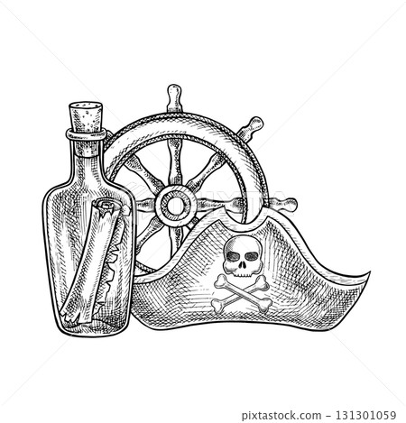 Pirate theme. Three-cornered hat, ship s wheel, and scroll in a bottle. Black and white graphics, hand-drawn vector illustrations. For children s games and celebrations. For stickers, posters, banners 131301059