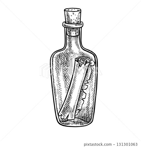 A scroll in a rum bottle. Black and white graphics, hand-drawn vector illustrations. For children s games and celebrations. For stickers, invitation cards, posters and banners, packaging, and more. A scroll in a rum bottle. Black and white graphics, hand-drawn vector illustrations. For children s games and celebrations. For stickers, invitation cards, posters and banners, packaging, and more. 131301063