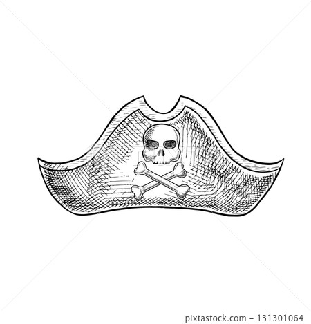Pirate s tricorn hat. Black and white graphics, hand-drawn vector illustrations. For children s games and celebrations. For stickers, invitation cards, posters and banners, packaging, and more. 131301064