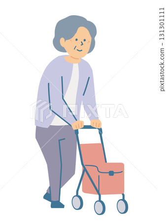 一位老人推著一輛銀色手推車行走的插圖 一位老人推著一輛銀色手推車行走的插圖 131301111