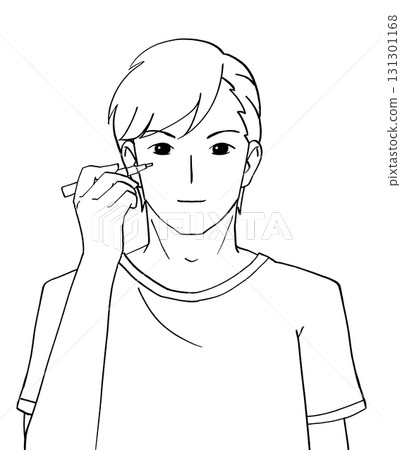 Black and white illustration of a man applying concealer 131301168