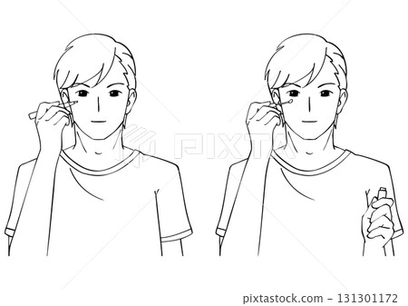 Black and white illustration set of a man applying concealer 131301172