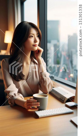 手拿咖啡站在窗邊的女人－城市裡一個安靜的下午 131301338