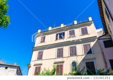 Window shutters. Wall house facade. Residential building old architecture in city center Italy, Rome. Italian apartments 131301351