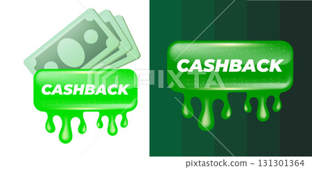 Vector cash back green icon isolated on white background. CASHBACK glossy banner design template with paper money. Business marketing icon 131301364