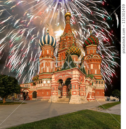 Temple of Basil the Blessed and fireworks in honor of Victory Day celebration (WWII), Red Square, Moscow, Russia. Temple of Basil the Blessed and fireworks in honor of Victory Day celebration (WWII), Red Square, Moscow, Russia. 131301439