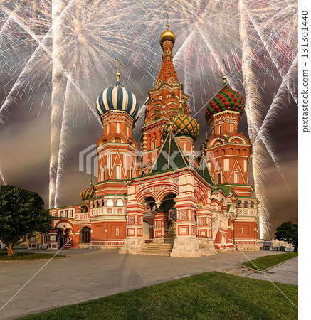 Temple of Basil the Blessed and fireworks in honor of Victory Day celebration (WWII), Red Square, Moscow, Russia. Temple of Basil the Blessed and fireworks in honor of Victory Day celebration (WWII), Red Square, Moscow, Russia. 131301440