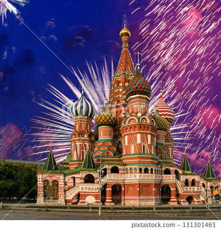 Temple of Basil the Blessed and fireworks in honor of Victory Day celebration (WWII), Red Square, Moscow, Russia 131301465
