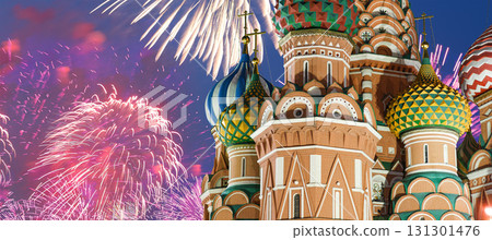 Temple of Basil the Blessed and fireworks in honor of Victory Day celebration (WWII), Red Square, Moscow, Russia 131301476