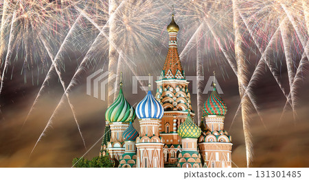 Temple of Basil the Blessed and fireworks in honor of Victory Day celebration (WWII), Red Square, Moscow, Russia Temple of Basil the Blessed and fireworks in honor of Victory Day celebration (WWII), Red Square, Moscow, Russia 131301485