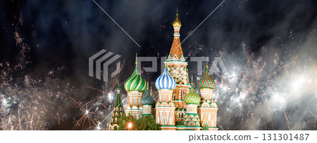 Temple of Basil the Blessed and fireworks in honor of Victory Day celebration (WWII), Red Square, Moscow, Russia Temple of Basil the Blessed and fireworks in honor of Victory Day celebration (WWII), Red Square, Moscow, Russia 131301487