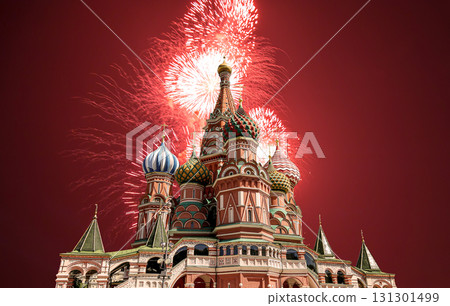 Temple of Basil the Blessed and fireworks in honor of Victory Day celebration (WWII), Red Square, Moscow, Russia Temple of Basil the Blessed and fireworks in honor of Victory Day celebration (WWII), Red Square, Moscow, Russia 131301499