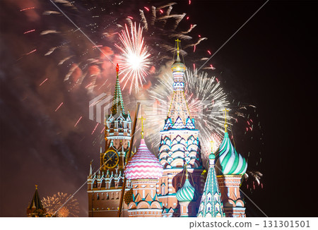 Temple of Basil the Blessed and fireworks in honor of Victory Day celebration (WWII), Red Square, Moscow, Russia Temple of Basil the Blessed and fireworks in honor of Victory Day celebration (WWII), Red Square, Moscow, Russia 131301501