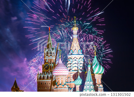 Temple of Basil the Blessed and fireworks in honor of Victory Day celebration (WWII), Red Square, Moscow, Russia Temple of Basil the Blessed and fireworks in honor of Victory Day celebration (WWII), Red Square, Moscow, Russia 131301502