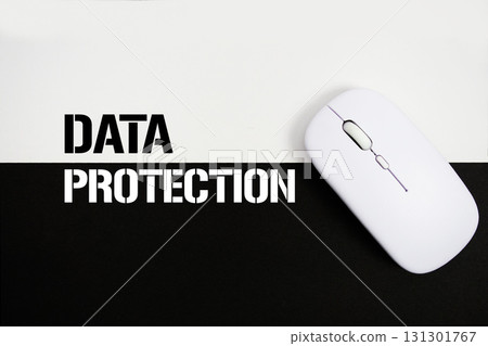 Data Protection text and wireless mouse on white and black background 131301767