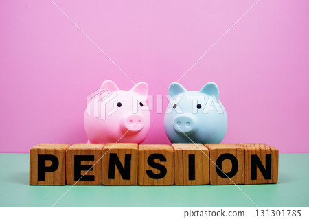 Pension alphabet letters with piggy bank saving on pink and green background 131301785