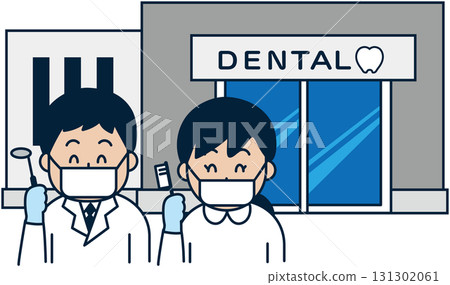 Dentist and dental hygienist wearing masks standing in front of the clinic 131302061